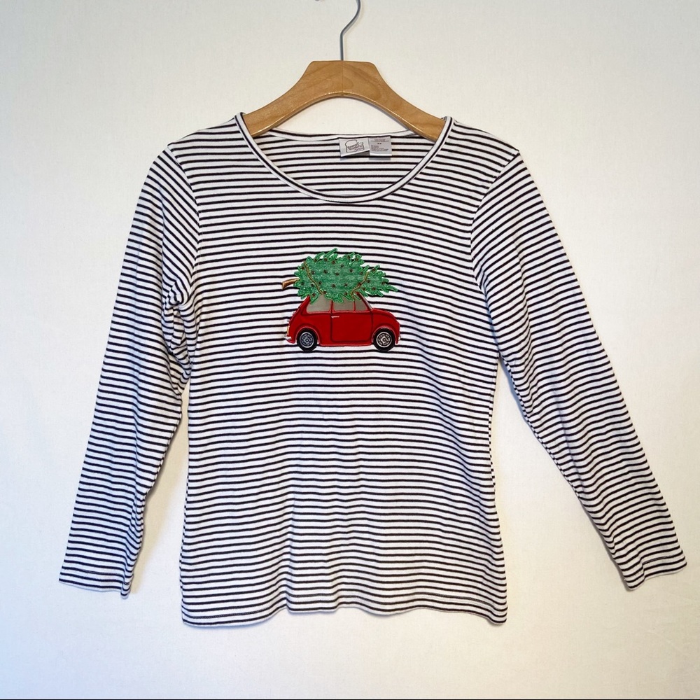 Charming Striped Long Sleeve Tee with Red Car Design